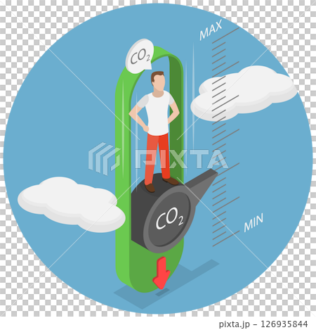 3D Isometric Flat Illustration of Zero Emission, Man Adjusting Gauge To Lower CO2 Level 3D Isometric Flat Illustration of Zero Emission, Man Adjusting Gauge To Lower CO2 Level 126935844