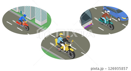 3D Isometric Flat  Illustration of Moto Vehicle, Riding Motorbike Scenes 126935857