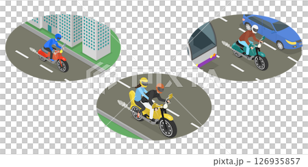 3D Isometric Flat  Illustration of Moto Vehicle, Riding Motorbike Scenes 126935857