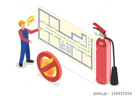 3D Isometric Flat  Illustration of Fire Evacuation Plan, Procedures and Emergency Equipment 126935858