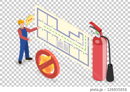 3D Isometric Flat Illustration of Fire Evacuation Plan, Procedures and Emergency Equipment 3D Isometric Flat Illustration of Fire Evacuation Plan, Procedures and Emergency Equipment 126935858