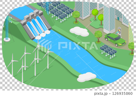 3D Isometric Flat  Illustration of Sustainable Energy Generation, Sustainable Resources For Modern Energy Technologies 126935860
