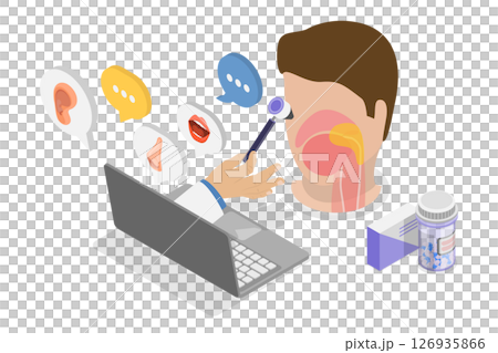 3D Isometric Flat  Illustration of ENT, Conducting Online Examination of Ears, Nose and Throat 126935866