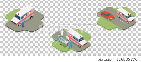 3D Isometric Flat  Illustration of Ambulance Vehicle, Emergency Patient Transportation 126935876