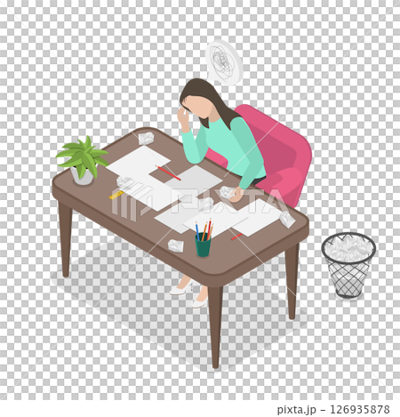 3D Isometric Flat Illustration of Frustrated Young Woman, Creative Crisis, Fatigue or Mental Stress 3D Isometric Flat Illustration of Frustrated Young Woman, Creative Crisis, Fatigue or Mental Stress 126935878