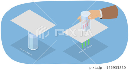 3D Isometric Flat  Illustration of Science Test, Trick Experiment Upside Down Glass Water Trick 126935880