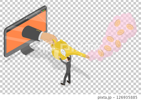 3D Isometric Flat  Illustration of Investment Growth, Businessman Rubbing Magic Lamp and Tetting Money Instantly 126935885
