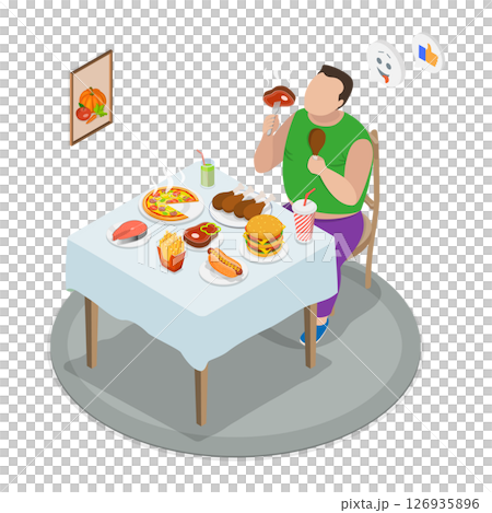 3D Isometric Flat Illustration of Unhealthy Diet, Concept Of Overeating 3D Isometric Flat Illustration of Unhealthy Diet, Concept Of Overeating 126935896