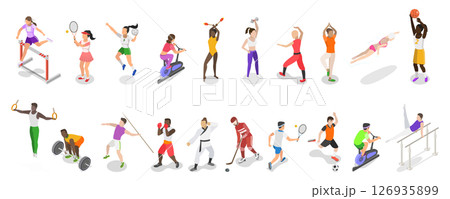 3D Isometric Flat  Illustration of Sports People, Athletic Sports With Balls And Rackets - A Dynamic Combination 3D Isometric Flat  Illustration of Sports People, Athletic Sports With Balls And Rackets - A Dynamic Combination 126935899