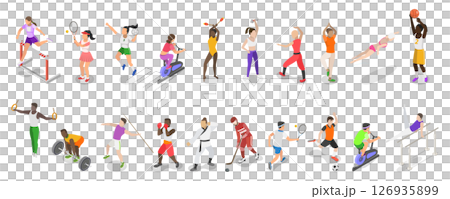 3D Isometric Flat  Illustration of Sports People, Athletic Sports With Balls And Rackets - A Dynamic Combination 3D Isometric Flat  Illustration of Sports People, Athletic Sports With Balls And Rackets - A Dynamic Combination 126935899