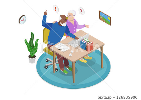 3D Isometric Flat  Illustration of Together Learning Computer, The Concept Of Senior People And Technologies - A Synergy For Success 126935900