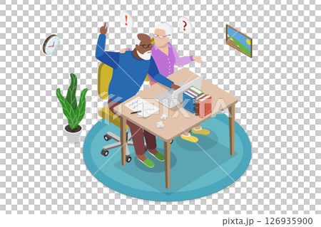 3D Isometric Flat  Illustration of Together Learning Computer, The Concept Of Senior People And Technologies - A Synergy For Success 126935900