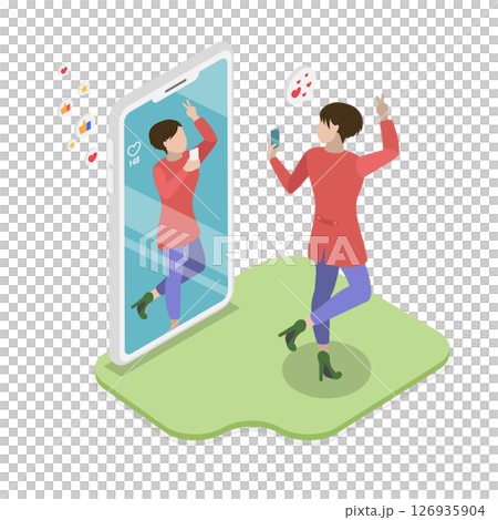 3D Isometric Flat  Illustration of Selfie Culture, Internet and Gadget Addiction Addiction 126935904