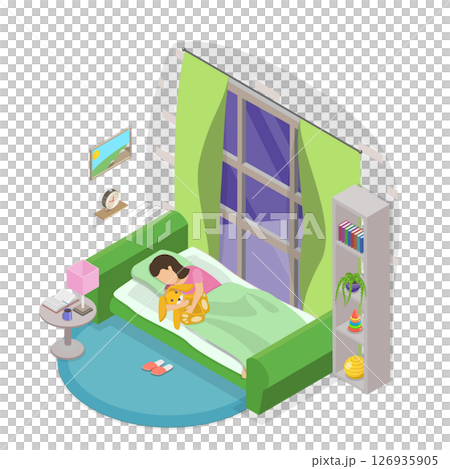 3D Isometric Flat  Illustration of Preparing to Sleep, Young Boy Getting Ready For Bedtime In His Bedroom. 126935905