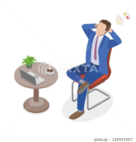 3D Isometric Flat Illustration of Boss Character, Serene Businessman Relaxing On Rolling Office Chair 3D Isometric Flat Illustration of Boss Character, Serene Businessman Relaxing On Rolling Office Chair 126935907