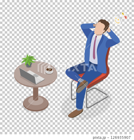 3D Isometric Flat  Illustration of Boss Character, Serene Businessman Relaxing On Rolling Office Chair 126935907