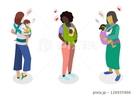 3D Isometric Flat Illustration of Mothers Caring Childs in Baby Sling, Motherhood and Parenting 3D Isometric Flat Illustration of Mothers Caring Childs in Baby Sling, Motherhood and Parenting 126935908