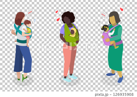 3D Isometric Flat Illustration of Mothers Caring Childs in Baby Sling, Motherhood and Parenting 3D Isometric Flat Illustration of Mothers Caring Childs in Baby Sling, Motherhood and Parenting 126935908