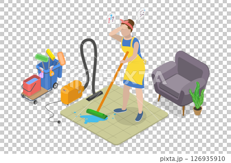 3D Isometric Flat  Illustration of Sad Housewife, Thinking Cleaner with Question Mark 126935910