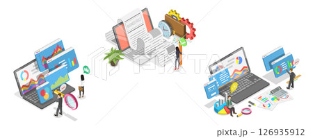 3D Isometric Flat  Illustration of IT Project Management, Financial Analysis Report 126935912