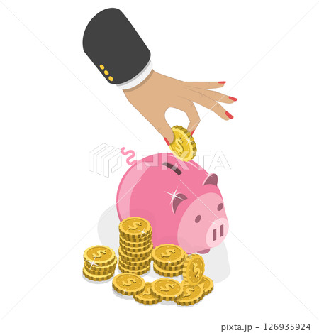 3D Isometric Flat  Illustration of Money Savings, Person Depositing A Coin Into A Piggy Bank 126935924