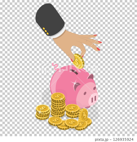 3D Isometric Flat  Illustration of Money Savings, Person Depositing A Coin Into A Piggy Bank 126935924