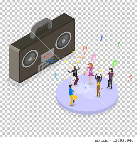 3D Isometric Flat Illustration of Radio Recorder, Happy Person Listening To Music 3D Isometric Flat Illustration of Radio Recorder, Happy Person Listening To Music 126935940