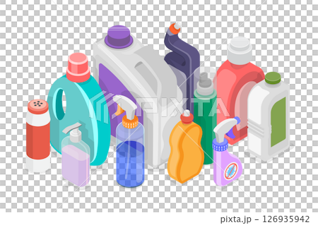 3D Isometric Flat  Set of Detergent Bottles, Cleaning Supplies Products 126935942