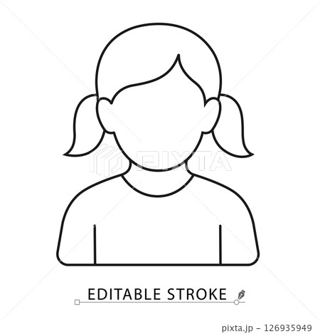 Girl icon in minimal black outline style with pigtails on white background. Editable stroke vector for child profile, user avatar, character, family or kids topics. Girl icon. Girl icon in minimal black outline style with pigtails on white background. Editable stroke vector for child profile, user avatar, character, family or kids topics. Girl icon. 126935949