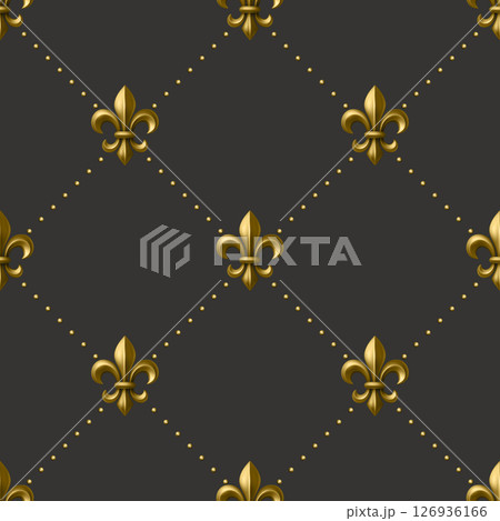 Vector Luxury Gold Fleur-de-Lis Seamless Pattern on Black Background. Golden Royal Heraldic Symbol on Elegant Dark Background. Fleur-de-Lis Wallpaper, Fabric, Digital Paper. Vintage French Ornament Vector Luxury Gold Fleur-de-Lis Seamless Pattern on Black Background. Golden Royal Heraldic Symbol on Elegant Dark Background. Fleur-de-Lis Wallpaper, Fabric, Digital Paper. Vintage French Ornament 126936166