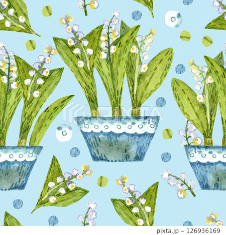 Delicate white lily of the valley flowers, collection of watercolor flowers, seamless pattern on white background. 126936169