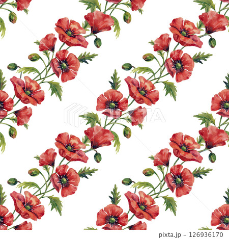 Large red poppy flowers, watercolor flowers collection, seamless pattern on white background. 126936170