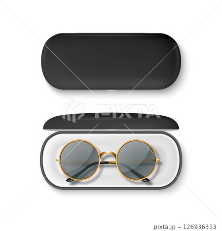 Vector 3D Realistic Round Sunglasses with Metal Frame and Hard Black Case. Stylish Vintage Eyeglasses in Open and Closed Protective Case. Design Template for Optics, Fashion, Eyewear Branding 126936313