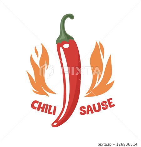 Spicy Chili Pepper With Flames Hot Sauce Logo. Fiery Chili Pepper Illustration For Spicy Food Branding. Chili Pepper Vector Art with Fire for Hot Sauce Label, Icon For Mexican Cuisine 126936314
