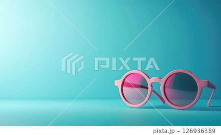 Stylish pink sunglasses on a bright blue background. Summer banner with copy space evoking a fun, playful and modern summer vibe. 126936389