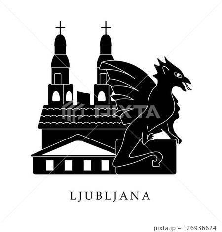 European capitals, Ljubljana. Black and white illustration European capitals, Ljubljana. Black and white illustration 126936624