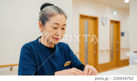 介護の現場で丁寧に業務をこなすベテランスタッフ(AI生成画像) 介護の現場で丁寧に業務をこなすベテランスタッフ(AI生成画像) 126936702