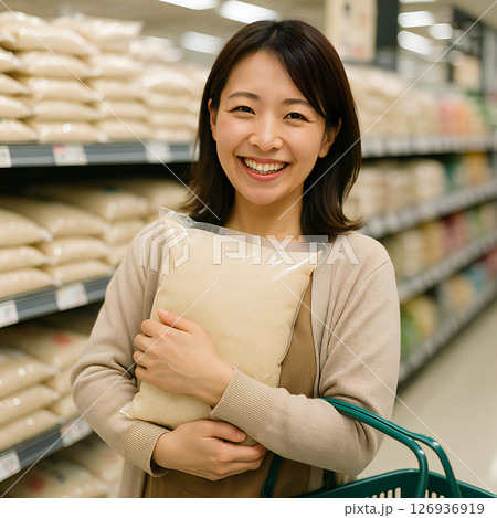 スーパーの米売り場で備蓄米を購入して喜ぶ主婦 126936919