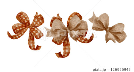 Festive plaid and burlap bows in traditional simple rustic style, with the charm of a fall pumpkin harvest festival. Hand-drawn watercolor illustrations isolated on a transparent background 126936945