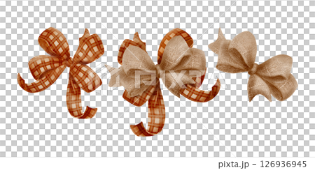 Festive plaid and burlap bows in traditional simple rustic style, with the charm of a fall pumpkin harvest festival. Hand-drawn watercolor illustrations isolated on a transparent background 126936945