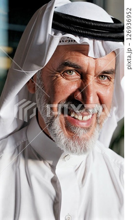 Confident senior Arab sheikh wearing traditional white thobe and black agal, smiling professionally in contemporary office environment, radiating cultural dignity 126936952
