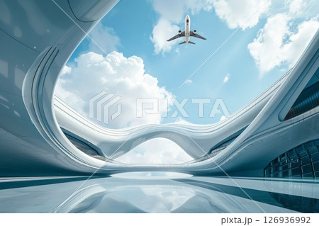 Futuristic airport with sleek architecture and a flying airplane under a bright blue sky, showcasing innovation and modern travel design. 126936992