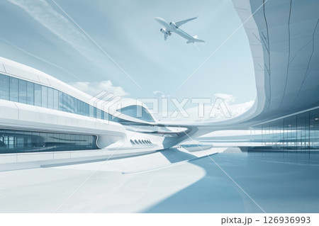 Futuristic airport with sleek architecture and a flying airplane under a bright blue sky, showcasing innovation and modern travel design. 126936993