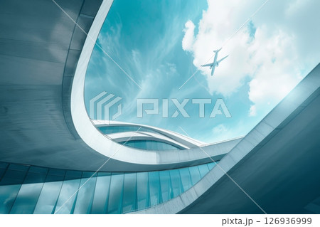 Futuristic airport with sleek architecture and a flying airplane under a bright blue sky, showcasing innovation and modern travel design. Futuristic airport with sleek architecture and a flying airplane under a bright blue sky, showcasing innovation and modern travel design. 126936999