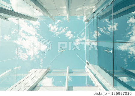 Futuristic airport with sleek architecture and a flying airplane under a bright blue sky, showcasing innovation and modern travel design. 126937036