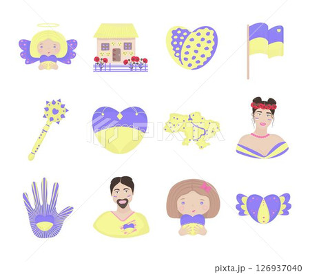 Colorful set of illustrations, Ukrainian symbols Colorful set of illustrations, Ukrainian symbols 126937040