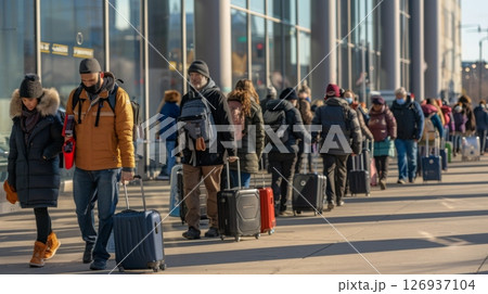 Long line of travelers with suitcases waiting at an airport terminal, illuminated by warm sunlight, reflecting the busy atmosphere of modern air travel. Long line of travelers with suitcases waiting at an airport terminal, illuminated by warm sunlight, reflecting the busy atmosphere of modern air travel. 126937104