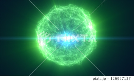 Vivid green glowing energy sphere with intense core and radiating filaments, representing futuristic technology, power, and environmental energy flow Vivid green glowing energy sphere with intense core and radiating filaments, representing futuristic technology, power, and environmental energy flow 126937137