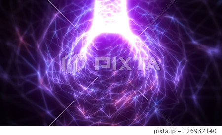Triangular mesh network of glowing purple energy forming a digital vortex, symbolizing neural networks or quantum fields Triangular mesh network of glowing purple energy forming a digital vortex, symbolizing neural networks or quantum fields 126937140