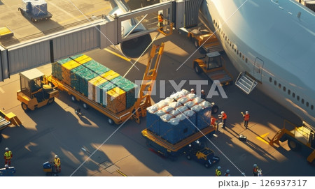 Aerial view of a cargo plane being loaded at the airport terminal, surrounded by containers, trucks, and cargo pallets. 126937317